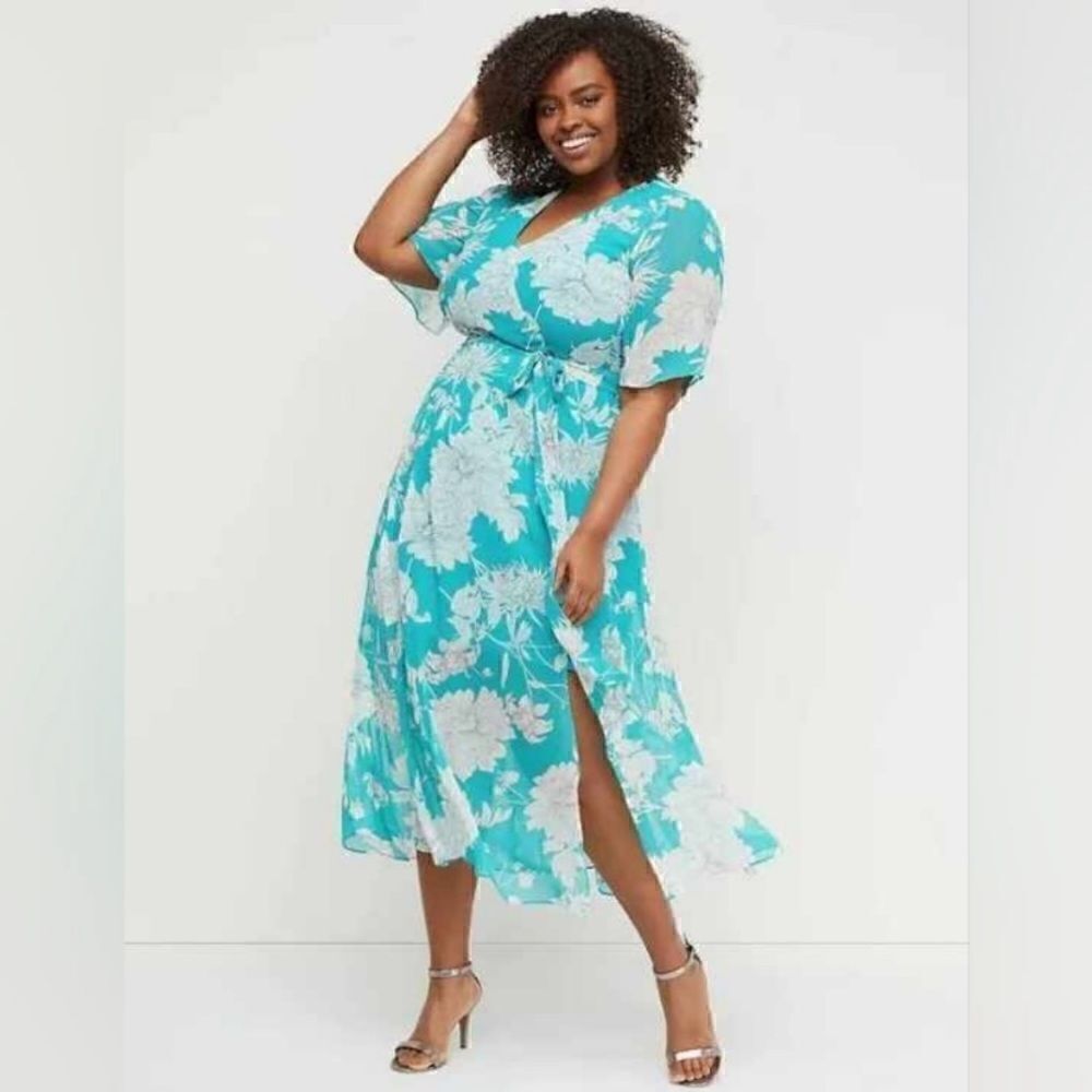 Lane Bryant Aqua Floral Midi Wrap Dress